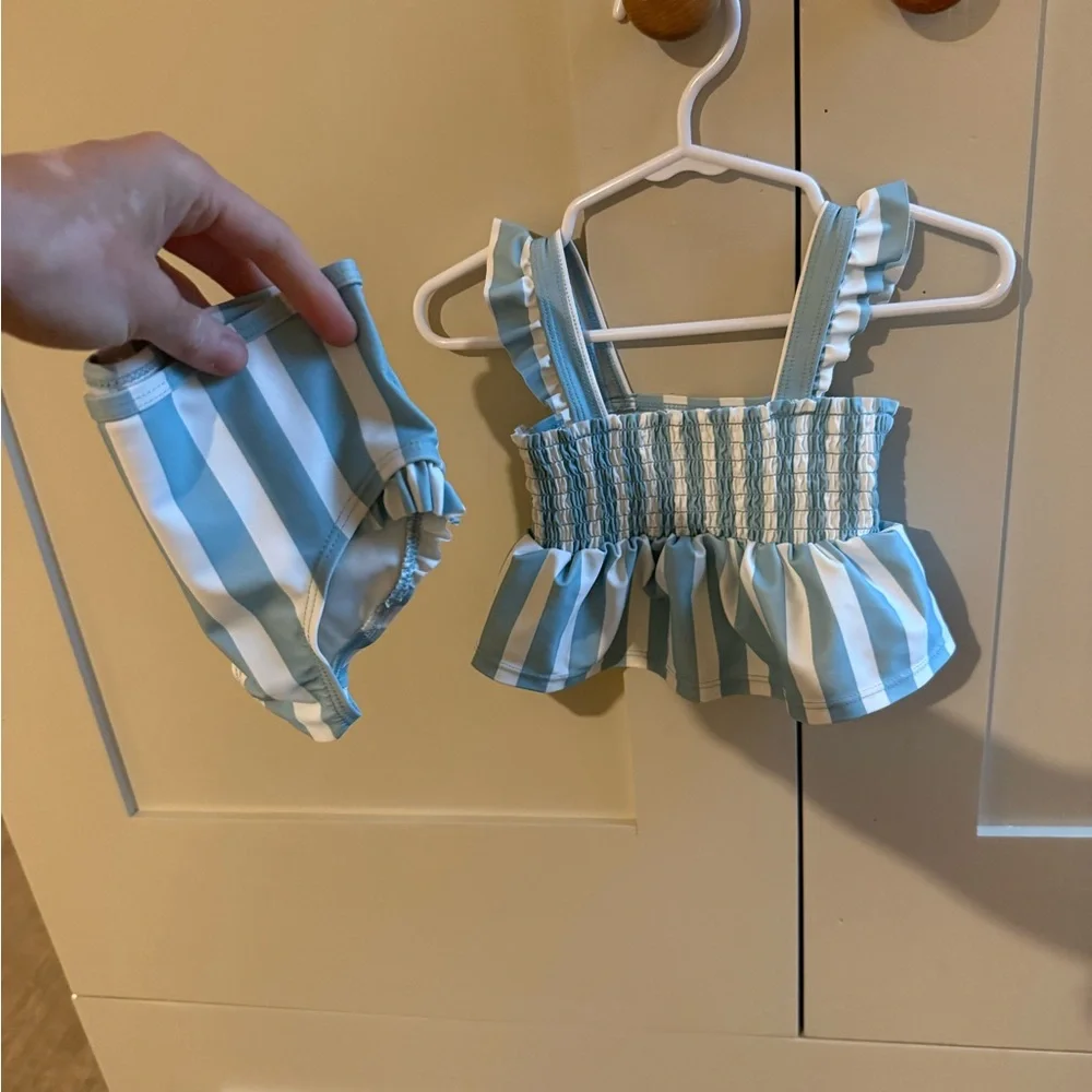Striped Blue & White Ruffle Kids Bikini Set